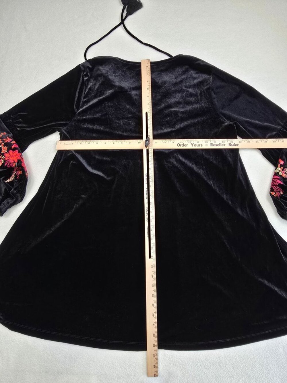 Chelsea & Violet Black Velvet Tunic Mini Dress XL Embroidery Bishop Tassel Boho - Picture 6 of 6